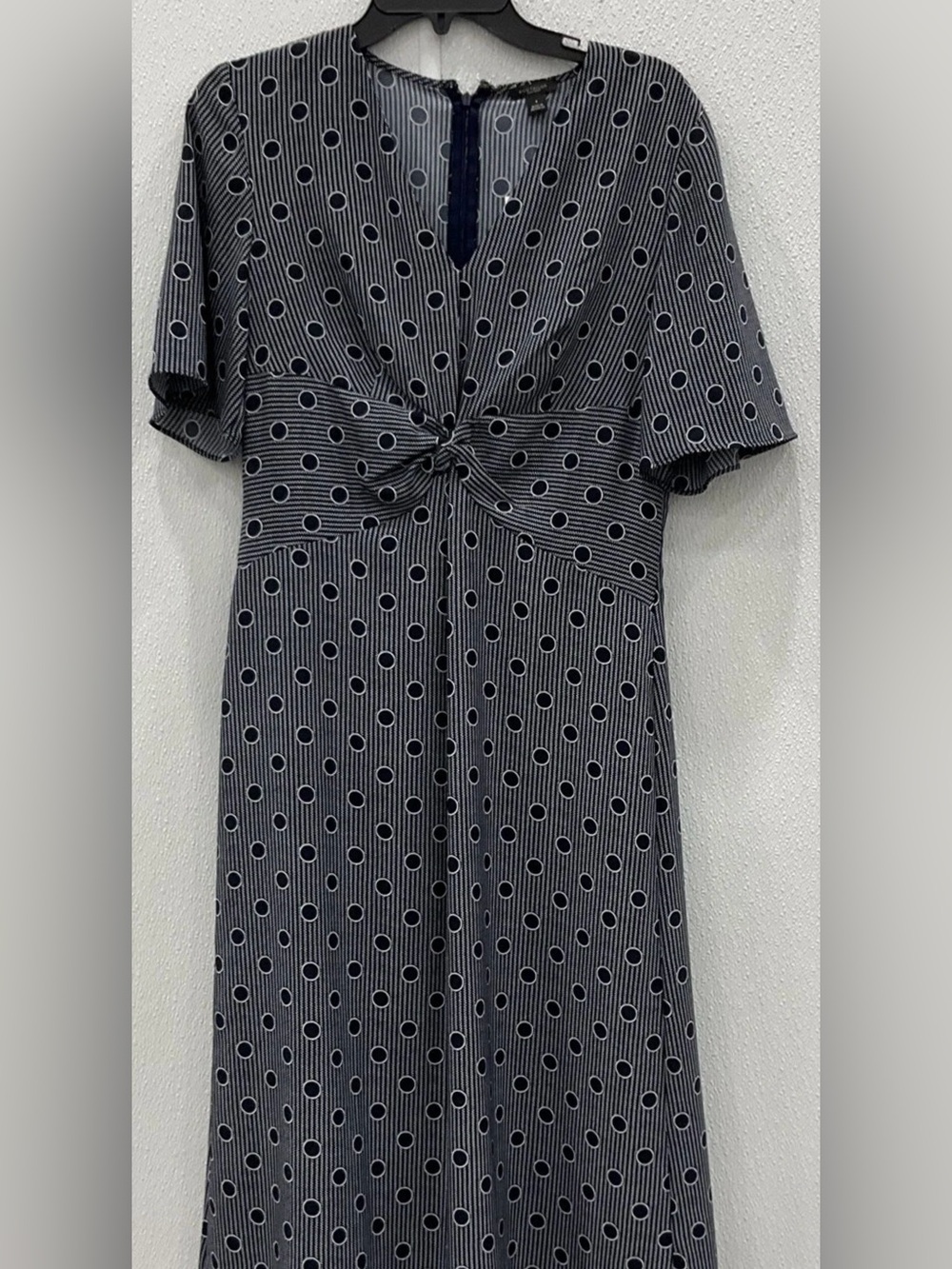 Ann Taylor Navy and White Polka Dot Midi Dress with Front Tie